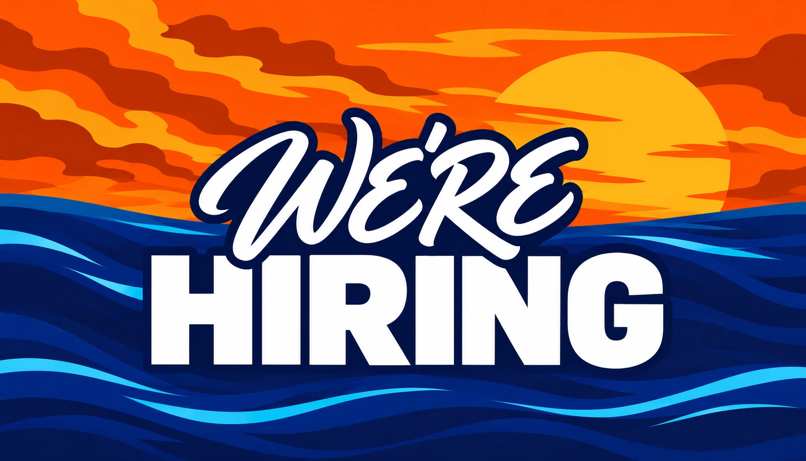 We’re hiring, with an orange sunset and blue waves